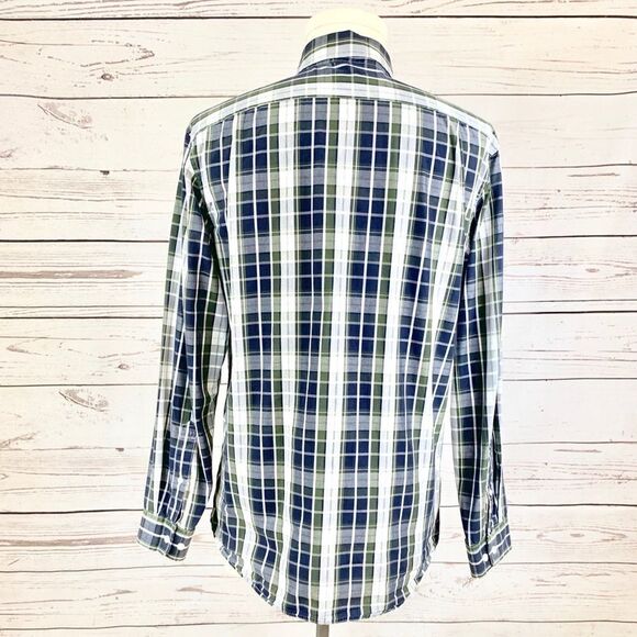 Eddie Bauer| long sleeve button down M plaid ,cream,green,blue, - Picture 2 of 5